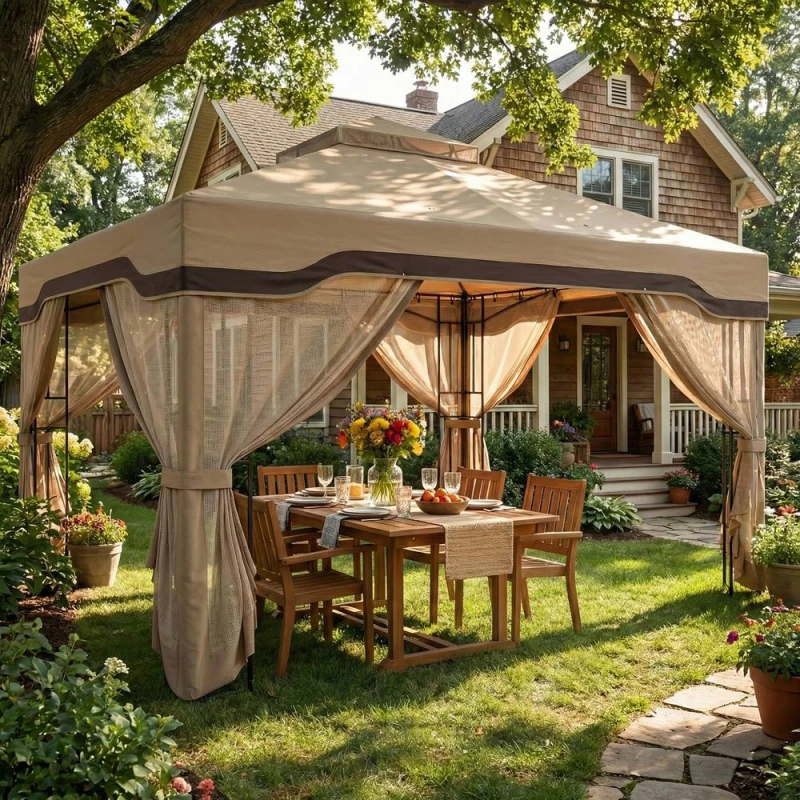 Image of OUTSUNNY 3 x 3.6 m Garden Gazebo with Shelves, UPF50+ Permanent Gazebo in Khaki Size: 3m x 4m Khaki Unisex 3m x 4m