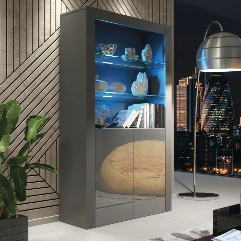 Image of Mex Furniture LTD Display Cabinet with LED Lights & Gloss Doors / 170cm Dark Grey