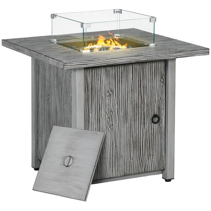 Image of Outsunny Gas Fire Pit Table with 40,000 BTU Burner, Cover, Glass Screen, Grey 842-346V70GY