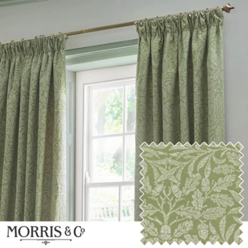 Image of Morris & Co Acorn Tonal Matt Jacquard Room Darkening Pencil Pleat Curtain Pair Sage (W)229Cm X (D)183Cm