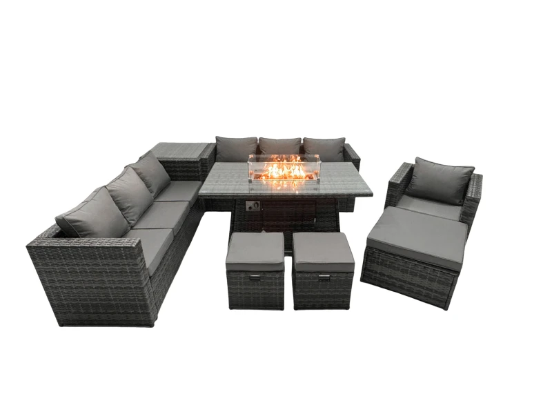 Image of Fimous Rattan Garden Furniture Firepit Dining Set 7 Seater Lounge Sofa Table Set with side table 3 Footstool Dark Grey