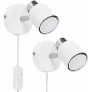 Image of 2 x White & Chrome Adjustable Ceiling / Wall Spotlights With Plug, Cable & Switch - No Bulbs