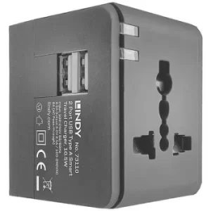 Image of LINDY 73110 Travel charger Mains socket Max. output current 2.1 A 2 x USB-A incl. AUS adapter, incl. Europe adapter, incl. UK adapter, incl. US adapte