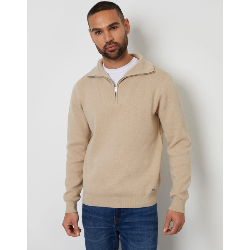 Image of Threadbare Rib Panel Quarter Zip Jumper Brown