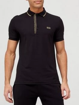 Image of Hugo Boss Athleisure Paule 4 Tipped Collar Polo Shirt Black/Gold Size 2XL Men
