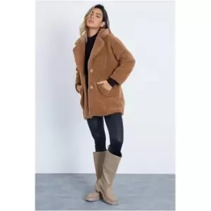 Image of I Saw It First Camel Button Front Borg Jacket - Brown