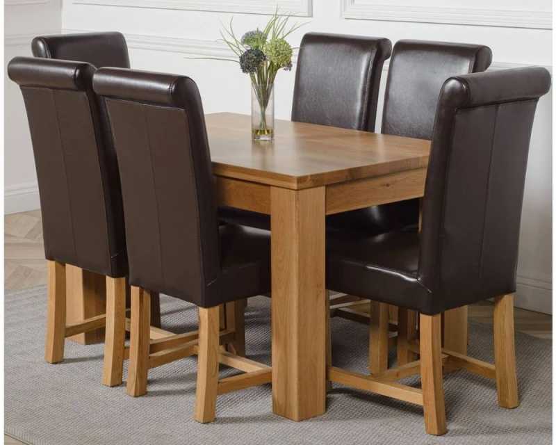 Image of Thats Furniture Dakot 127 x 82cm Oak Small Dining Table & 6 Washington Leather Chairs in Brown Size: 127 x 82cm Brown Unisex 127 x 82 cm