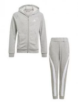 Image of adidas Girls Junior Hooded Co-Ord Tracksuit - Grey/White, Size 4-5 Years, Women