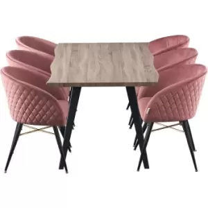 Image of Life Interiors - 7 Pieces Vittorio Rocco Dining Set - a Walnut Rectangular Dining Table and Set of 6 Pink Dining Chairs - Pink