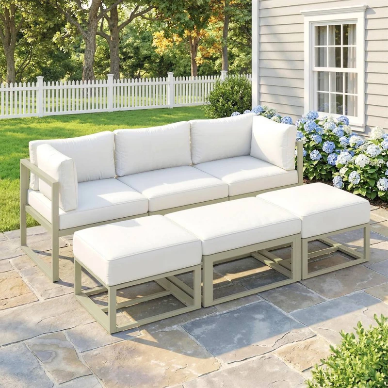 Image of OUTSUNNY 6 PC Garden Daybed, Sectional Sofa Set with Coffee Table, Footstool in Cream Cream Unisex