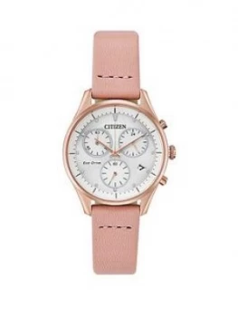 Image of Citizen Eco-Drive White And Rose Gold Detail Chronograph Dial Pink Leather Strap Ladies Watch