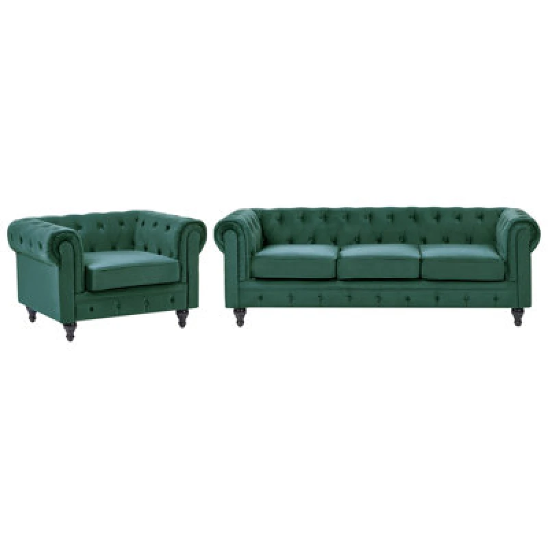 Image of Beliani Living Room Set 4 Seater Chesterfield Velvet Emerald Green