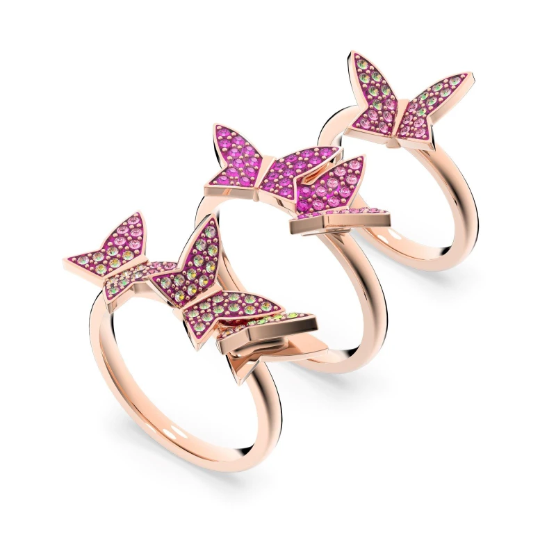 Image of Swarovski Lilia ring, Set (3), Butterfly, Pink, Rose gold-tone plated Gold M