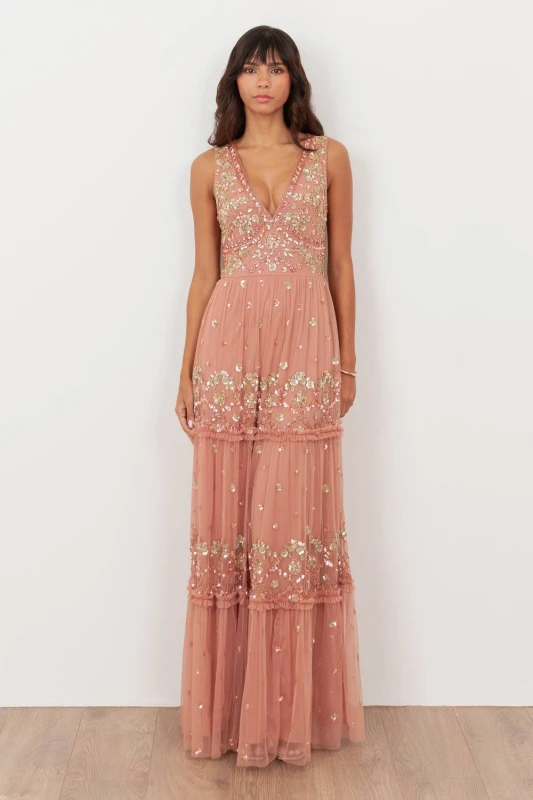Image of Maya Deluxe Womens Embellished Sleeveless Maxi Dress in Pink Size: 10 Pink Female 10
