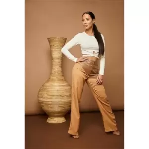 Image of I Saw It First Chocolate & Beige Pu / Woven Block Straight Leg Trousers - Brown