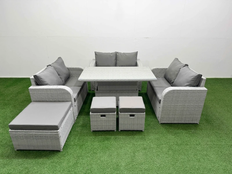 Image of Fimous 9 Seater PE Wicker Rattan Furniture Sofa Sets with Adjustable Lifting Dining or Coffee Table 2 Seater Love Sofa 3 Stool Light Grey Light Grey