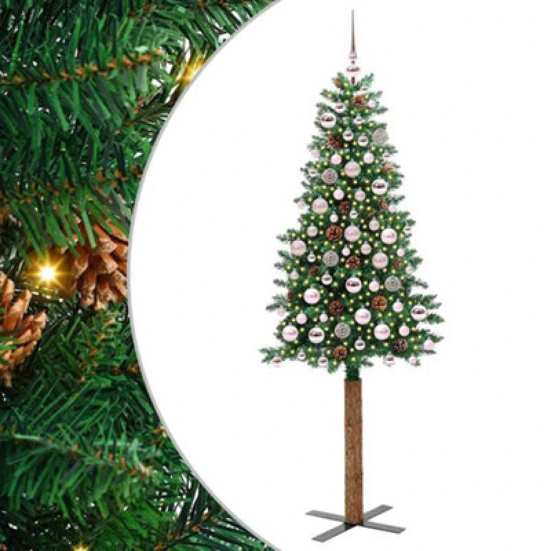 Image of vidaXL Slim Christmas Tree with Pink Balls Green 180cm PVC and Solid Pine wood, Green 3394866