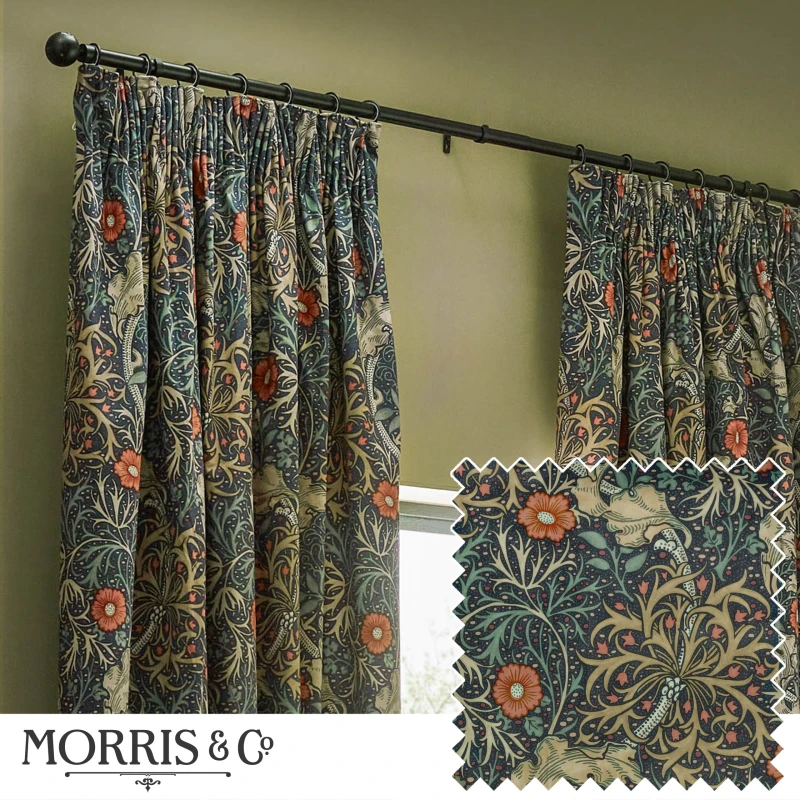 Image of Morris & Co Morris & Co Seaweed Printed Velvet Room Darkening Pencil Pleat Curtains in Indigo Size: 167cm width x 228cm drop Indigo 167cm width x 22