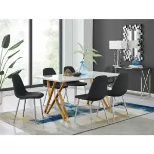 Image of Taranto White High Gloss Dining Table and 6 Black Corona Faux Leather Dining Chairs with Silver Legs Diamond Stitch - Black