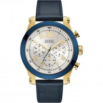 Image of GUESS Gents gold chrono watch with blue trim & leather strap