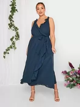 Image of Yours Curve Occasion Ruffle Wrap Maxi Dress - Navy, Size 14, Women