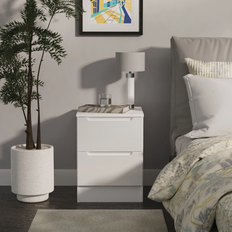 Image of Welcome Furniture Ready Assembled Milan 2 Drawer Bedside Cabinet In White Gloss & White MIL005WGW