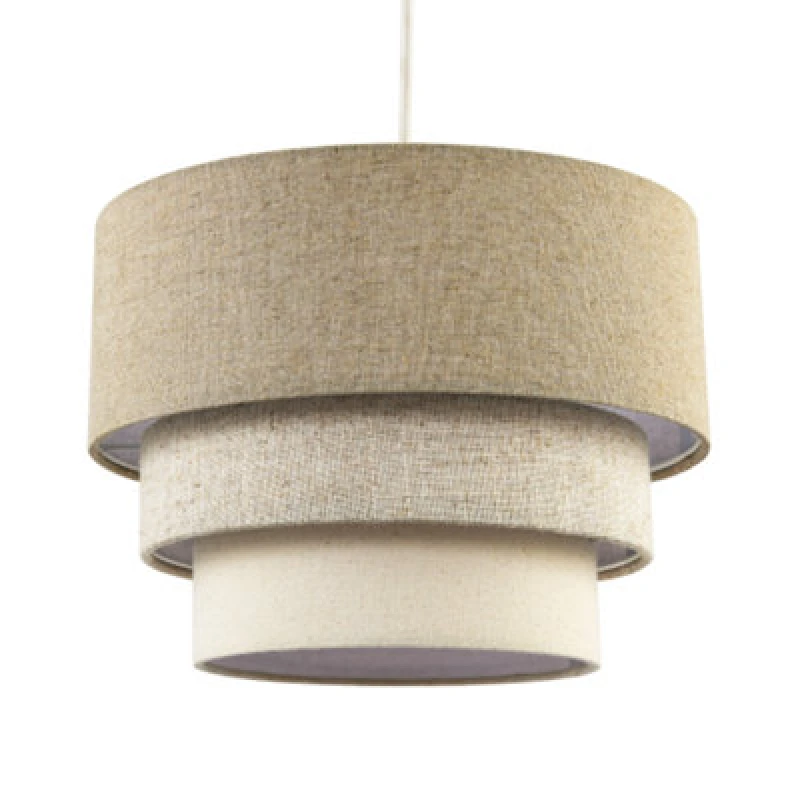 Image of Happy Homewares Contemporary Round Triple Tier Beige And Oatmeal Linen Pendant Shade
