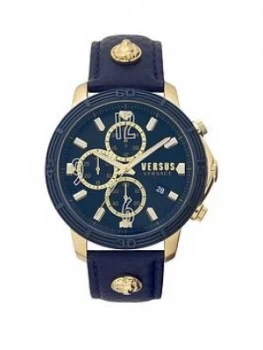 Image of Versus Versace Blue And Gold Detail Chronograph Dial Blue Leather Strap Mens Watch
