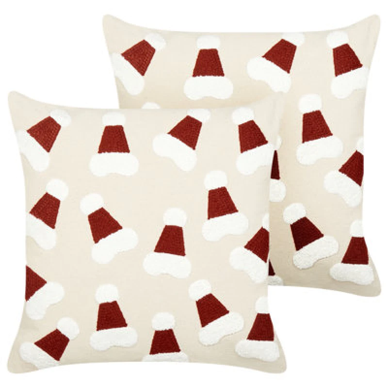 Image of Beliani Set Of 2 Decorative Cushions Sugarplum Cotton 45 X 45cm Light Beige Christmas Motif