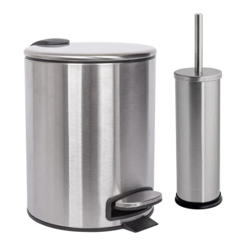 Image of Harbour Housewares Bathroom Bin & Toilet Brush Set - 5L - Brushed - Round Stainless Steel Slim Trashcan Rubbish Bin & Brush