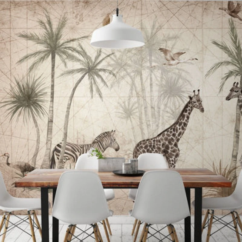 Image of Grandeco Animal Jungle Giraffe And Zebra 7 Panel Mural 3.71 X 2.8M, Beige