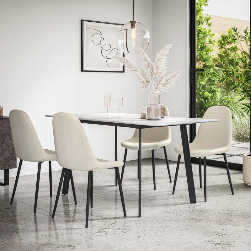 Image of More4Homes Haydon Extending Dining Table + Chairs- White Marble Effect Table Top W Black Legs + 4 Maya Boucle Dining Chairs (Ivory White)