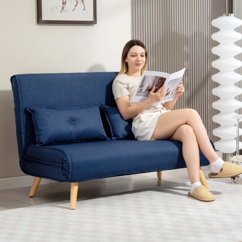 Image of HOMCOM HOMCOM 2 Seater Sofa Bed, Click Clack Convertible Bed Settee with Pillows in Dark Blue Dark Blue 2 Seater Unisex 5063603970458