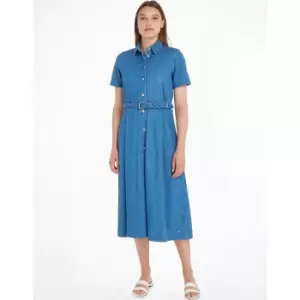 Image of Denim Midi Shirt Dress with Short Sleeves