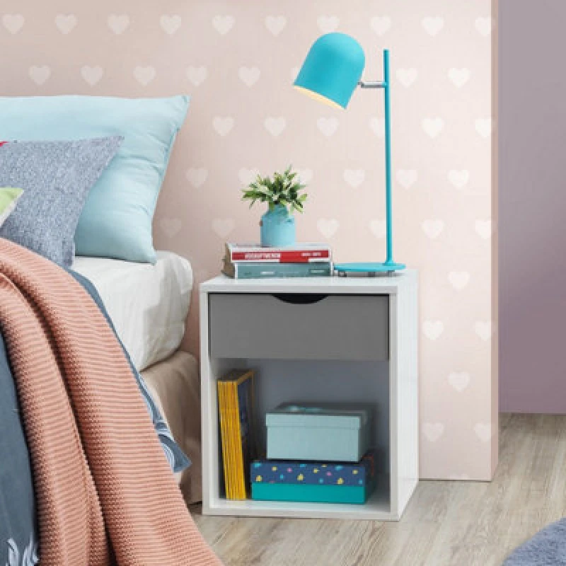 Image of Timber Art Design Alton Bedside Cabinet Bedroom Furniture Nightstand Table 1 Drawer White Grey