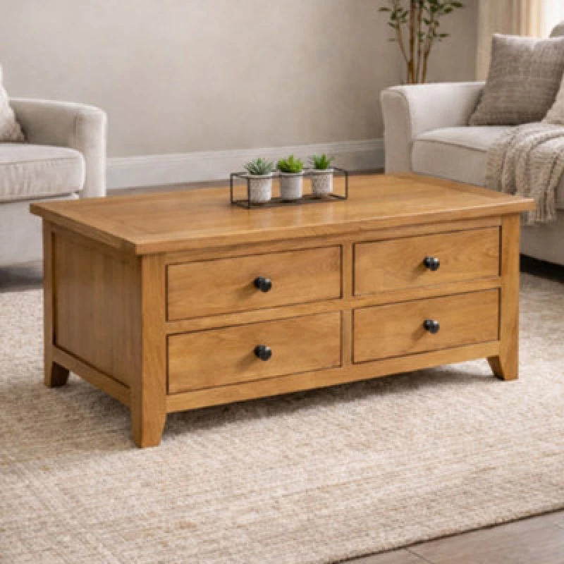 Image of Julian Bowen Astoria 4 Drawer Storage Rectangular Coffee Table, Solid Oak Wood, Height: 50 X Width: 100 X Depth: 60Cm