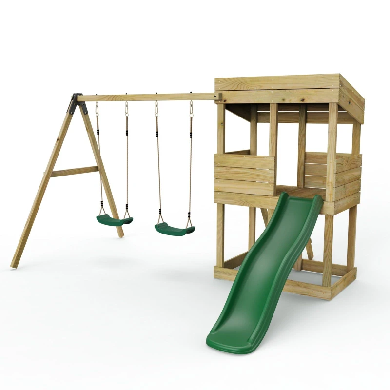 Image of Rebo Wooden Lookout Tower Playhouse with 6ft Slide - Bryce Natural