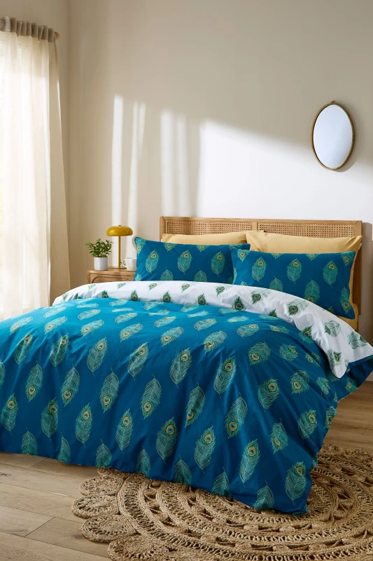 Image of Their Nibs Peacock Feather Cotton Reversible Duvet Cover Set Teal Green unisex King
