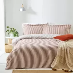 Image of The Linen Yard Hebden Stripe Melange Print 100% Cotton Reversible Duvet Cover Set, Pecan, Super King