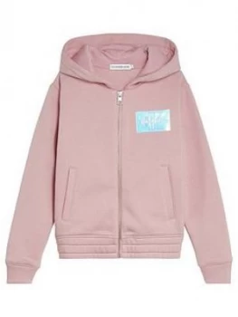 Image of Calvin Klein Jeans Girls Monogram Badge Zip Through Hoodie - Pink, Size Age: 8 Years, Women
