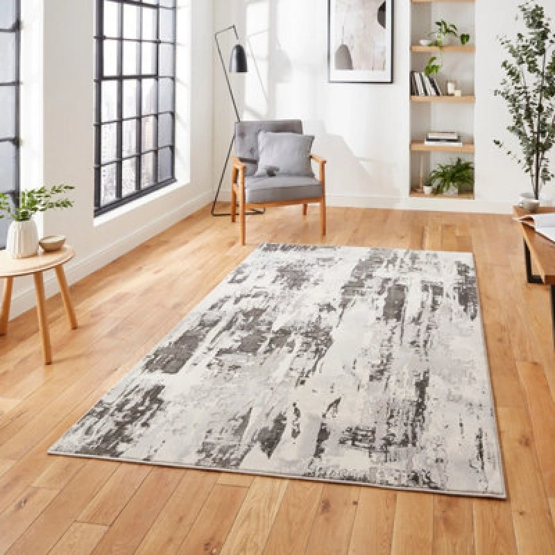 Image of Grey Ivory Abstract Modern Machine Made Polypropylene Rug For Living Room Bedroom And Dining Room-120Cm X 170Cm