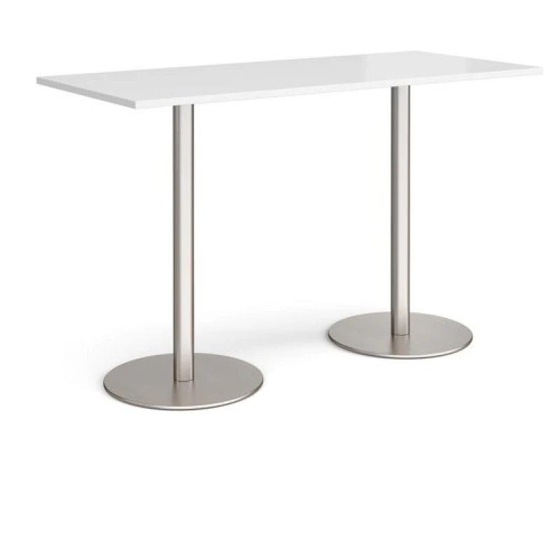 Image of Monza Rectangular Cafe and Bistro Poseur Table with Flat Round Brushed Steel Base - Top 1800mm x 800mm - White