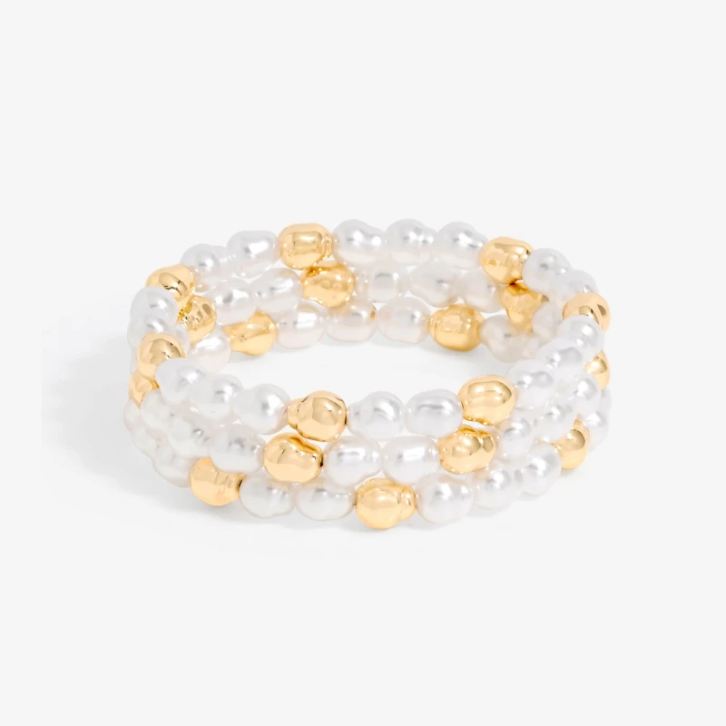 Image of Mood Gold Pearl And Polished Stretch Bracelets - Pack Of 3 Gold