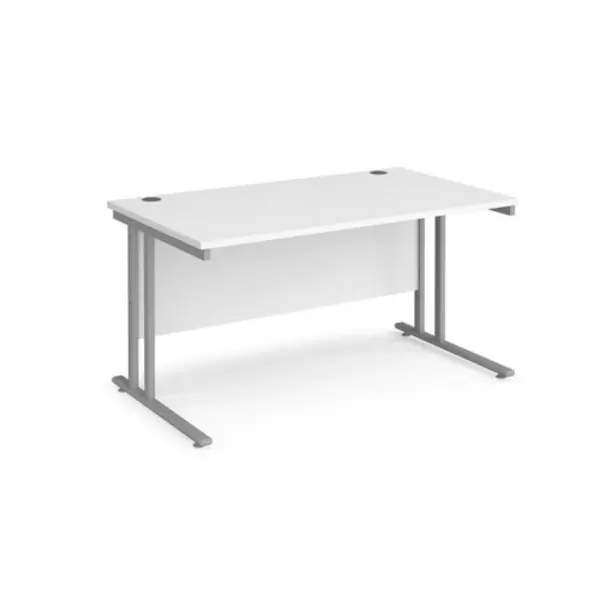 Image of Maestro 25 Office Desk 1400mm Rectangular Desk With Cantilever Leg White Tops With Silver Frames 800mm Depth Maestro 25 MC14SWH
