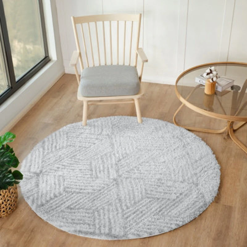 Image of Livabliss Round Shaggy Geometric Plush Pile Light Grey Allie Area Rug 160 X 160 Cm - Easy Care, Ideal For Living Room & Bedroom