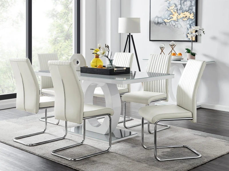 Image of FurnitureboxUK FurnitureboxUK Giovani 6-Seater Grey Glass Dining Table and 6 Lorenzo Faux Leather Dining Chairs in White White One Size Unisex 5056542