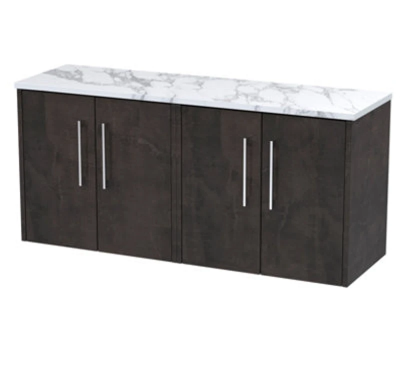 Image of Nuie Hudson Reed Juno Wall Hung 4-Door Vanity Unit & Carrera Marble Worktop, Countertop Basin Unit In Metallic Slate, 1200mm