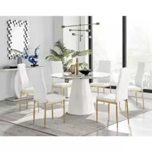 Image of Furniturebox Palma White Marble Effect 120cm Round Minimalist Dining Table & 6 White Milan Gold Leg Faux Leather Chairs