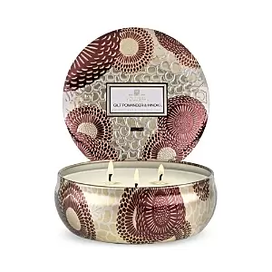 Image of Voluspa Gilt Pomander & Hinoki Three Wick Tin Candle 12 oz.