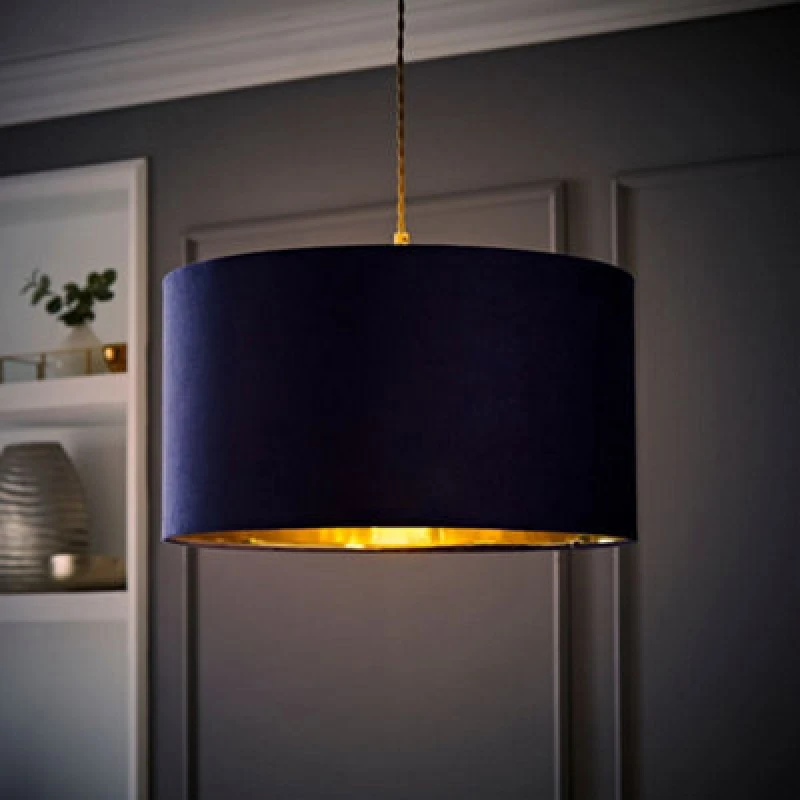 Image of ValueLights ValueLights Reni Navy Velvet with Gold Inner Easy Fit Ceiling Lamp Shade and Bulb in Dark Navy Size: Large Dark Navy Large Unisex 505940